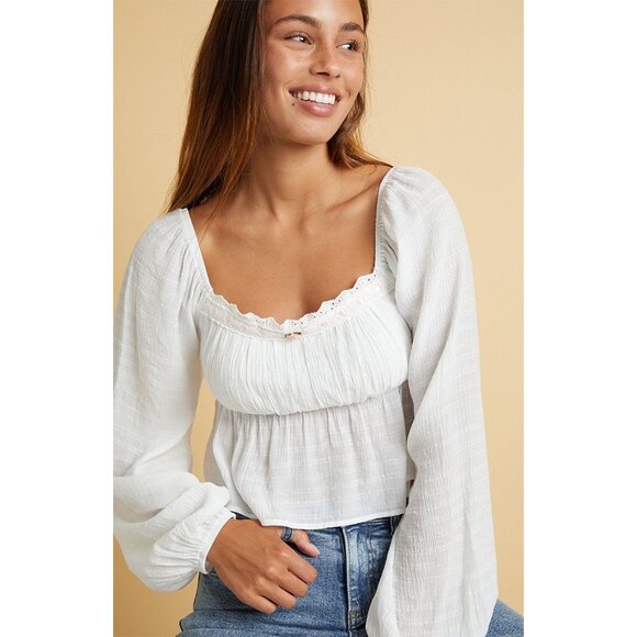 Beverly‎ and Beck Lily Long Puff Sleeve Smocked Babydoll Crop Top White Sz M - Picture 1 of 9